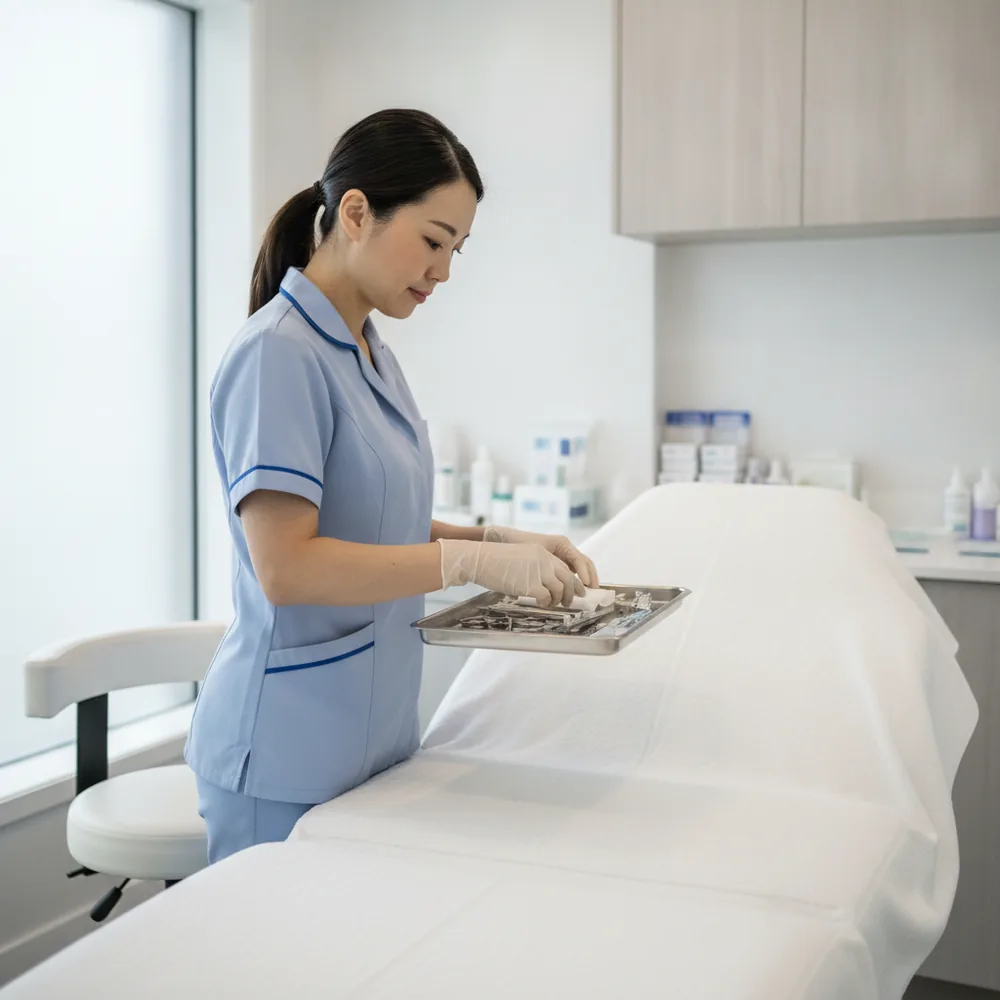 Cosmetic nurse preparing a treatment room in an Australian aesthetic clinic, Aesthetic & Cosmetic cost calculators, Australia