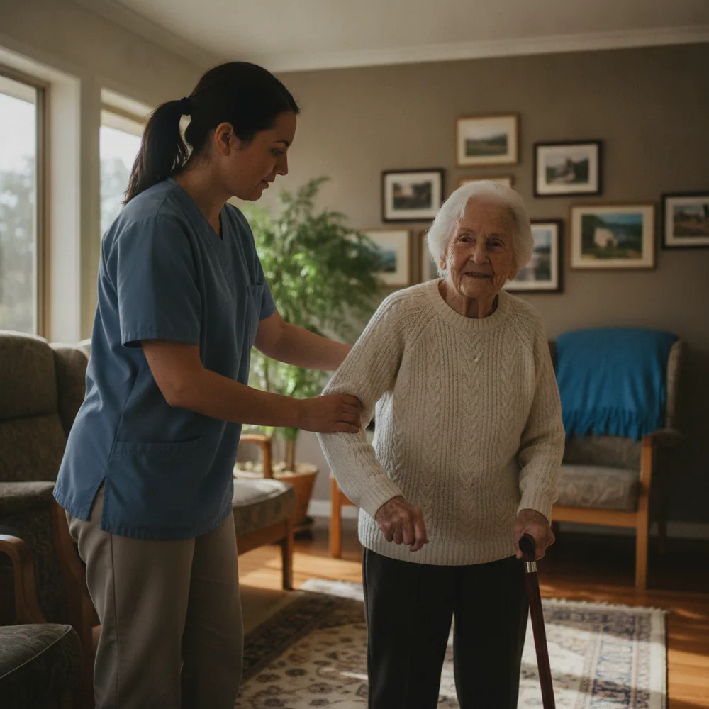 Carer helping an older person in an Australian aged-care home — Aged Care & NDIS cost calculators, Australia