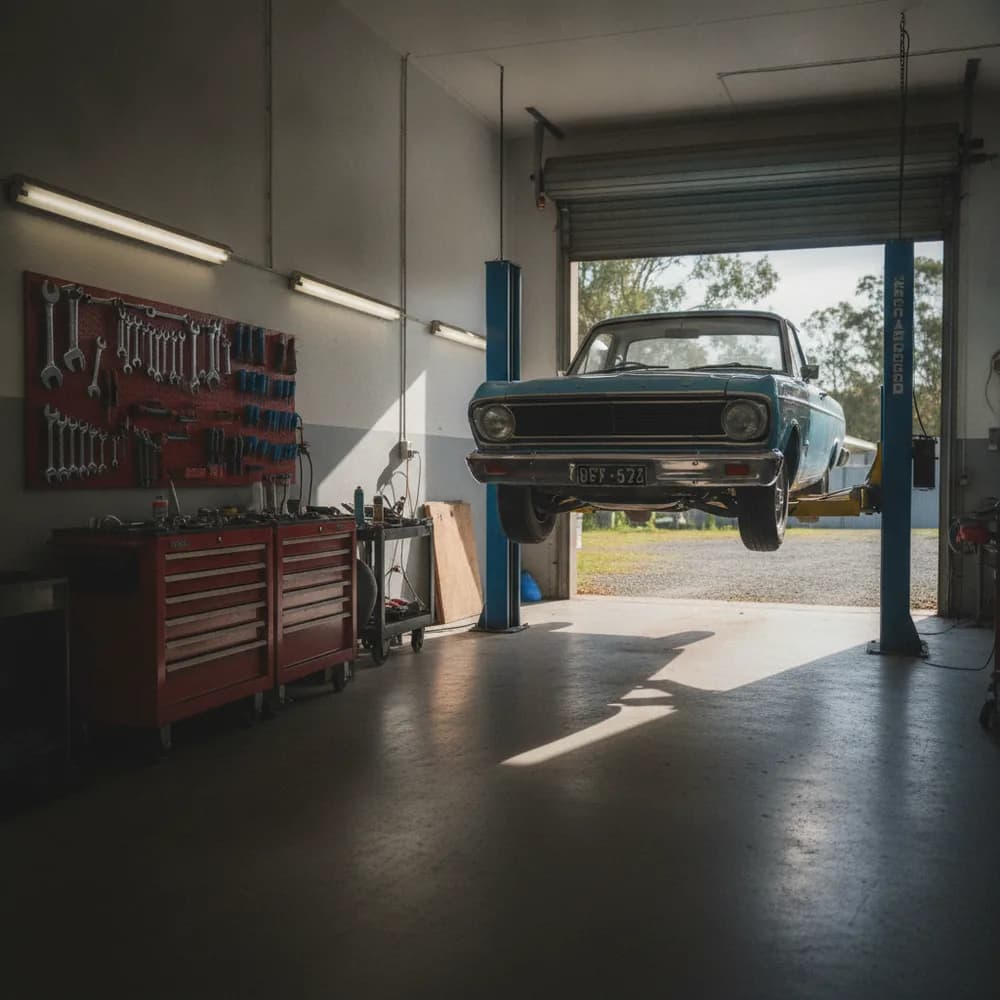 Mechanic working on a car on a hoist in an Australian workshop, Automotive cost calculators, Australia