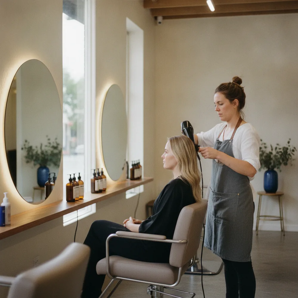 Hairdresser styling a client's hair in an Australian salon, Beauty & Hair cost calculators, Australia