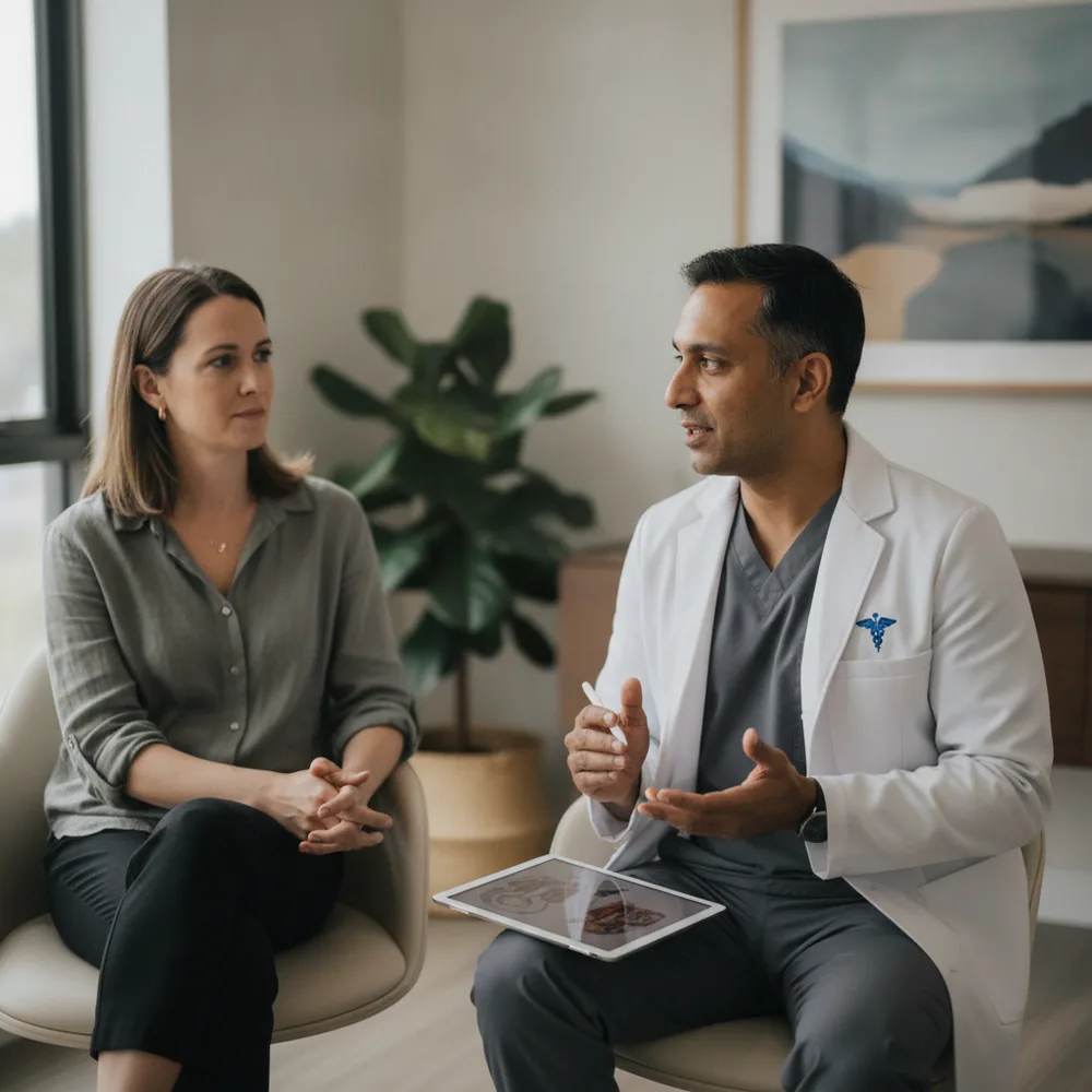 Cosmetic surgeon consulting with a client in an Australian clinic — Cosmetic Surgery cost calculators, Australia