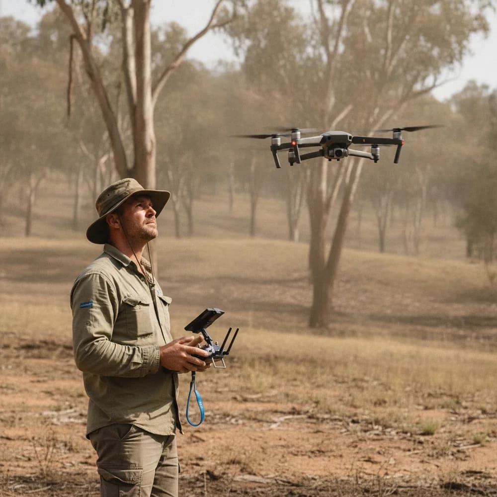 Drone operator flying a drone in the Australian landscape — Drone & Aerial cost calculators, Australia