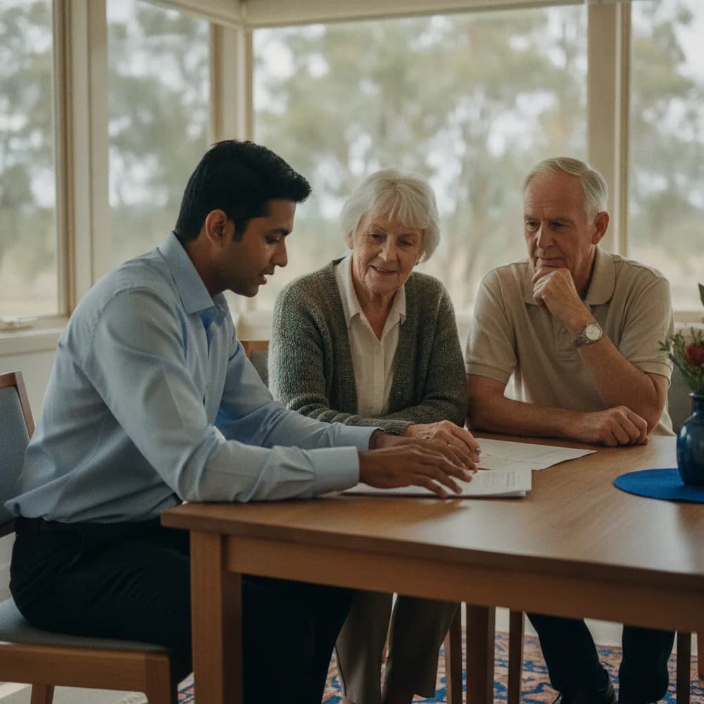 Financial planner reviewing with a retired couple in an Australian office — Retirement & Super cost calculators, Australia