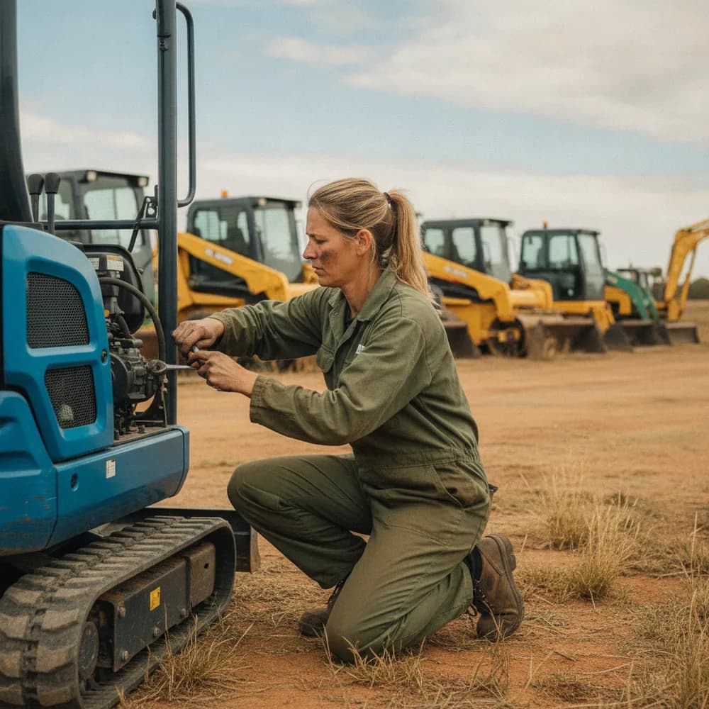 Equipment hire yard with an excavator and machinery — Equipment Hire cost calculators, Australia
