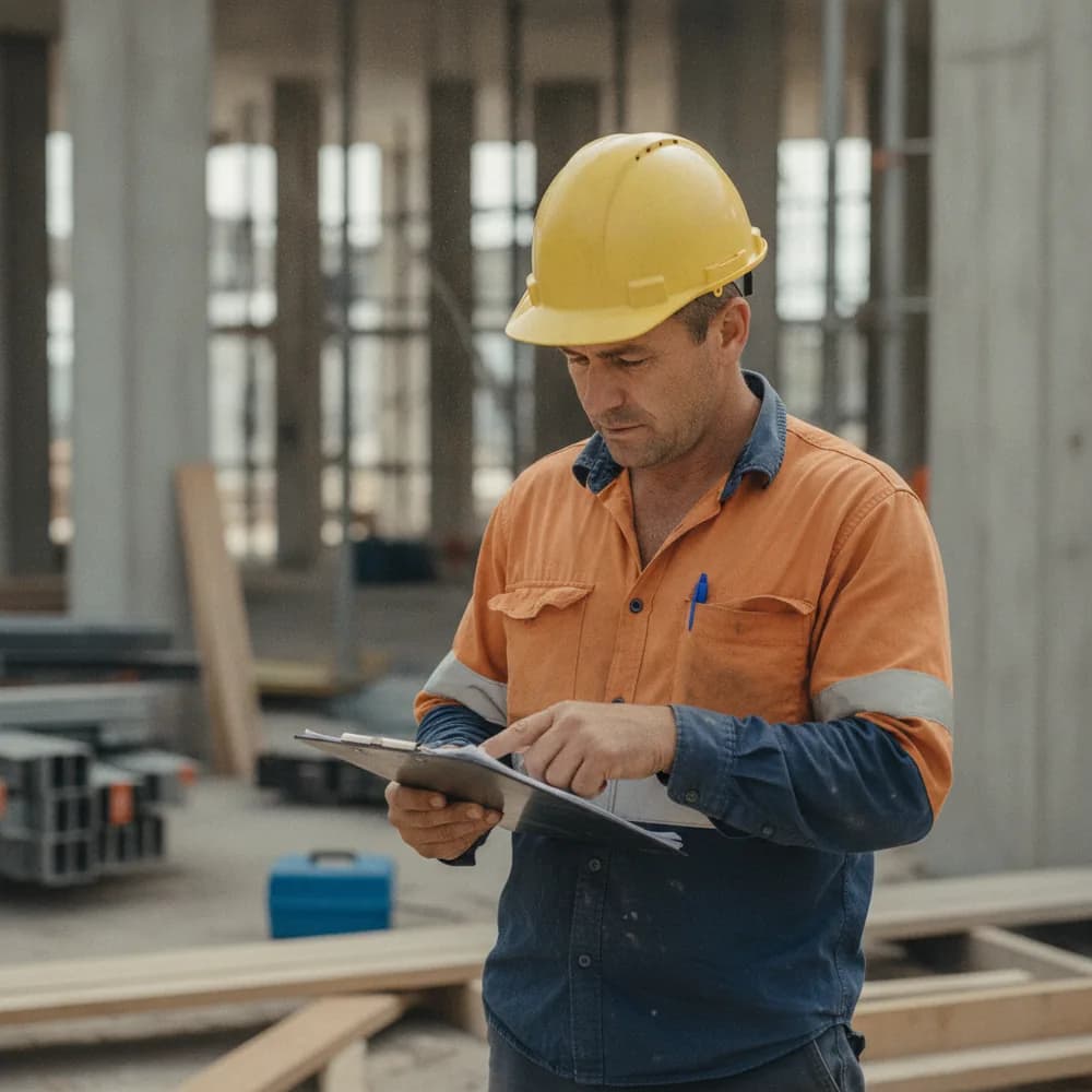 Site foreman in hi-vis on an Australian construction site — Industrial & Commercial cost calculators, Australia