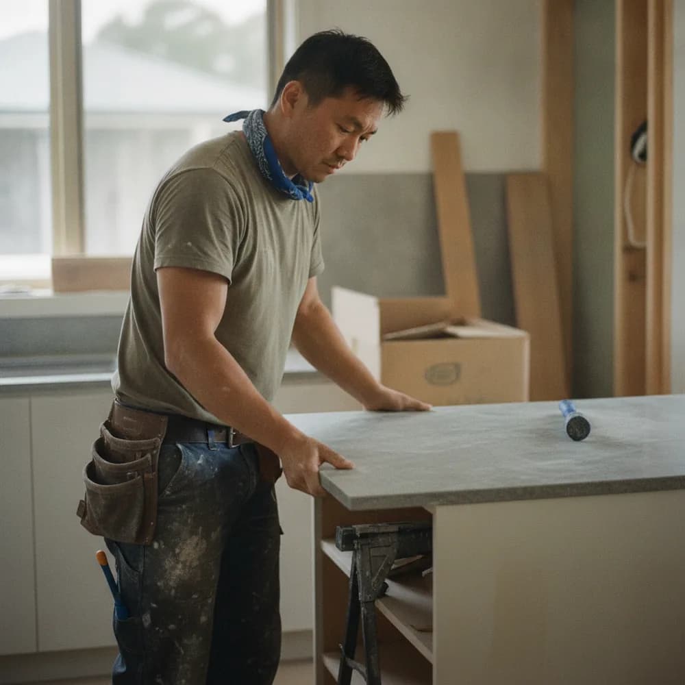 Joiner fitting a stone benchtop in a new Australian kitchen, Kitchens & Joinery cost calculators, Australia