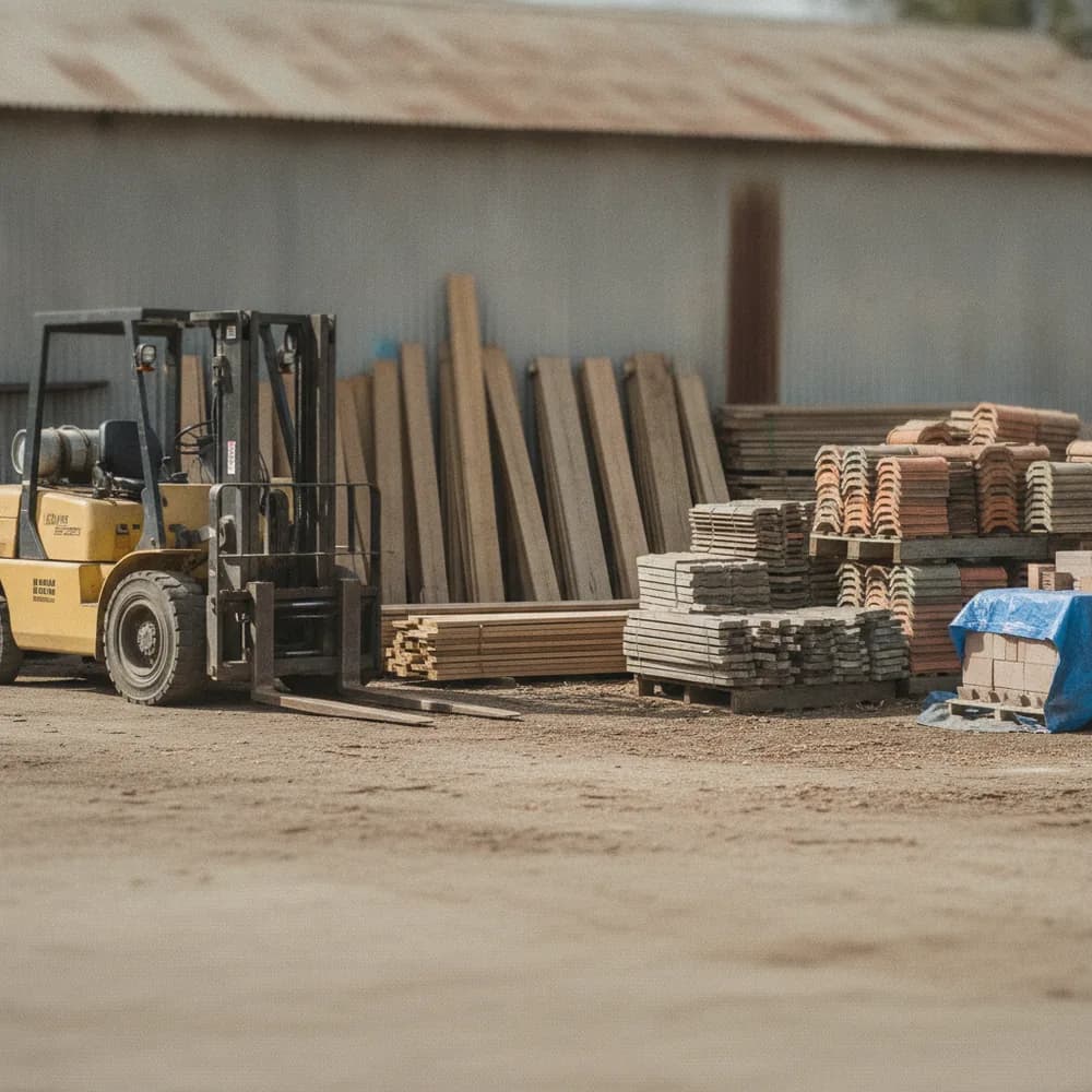 Building materials supply yard with timber and tiles — Building Materials cost calculators, Australia