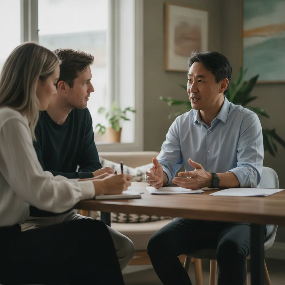 Mortgage broker meeting a young couple in an Australian office