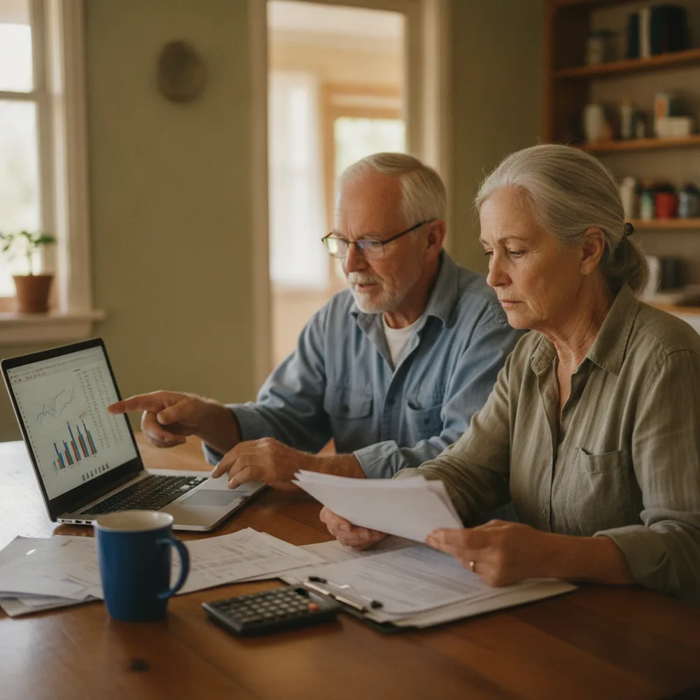Older Australian couple reviewing their finances at home — Age Pension & Super cost calculators, Australia