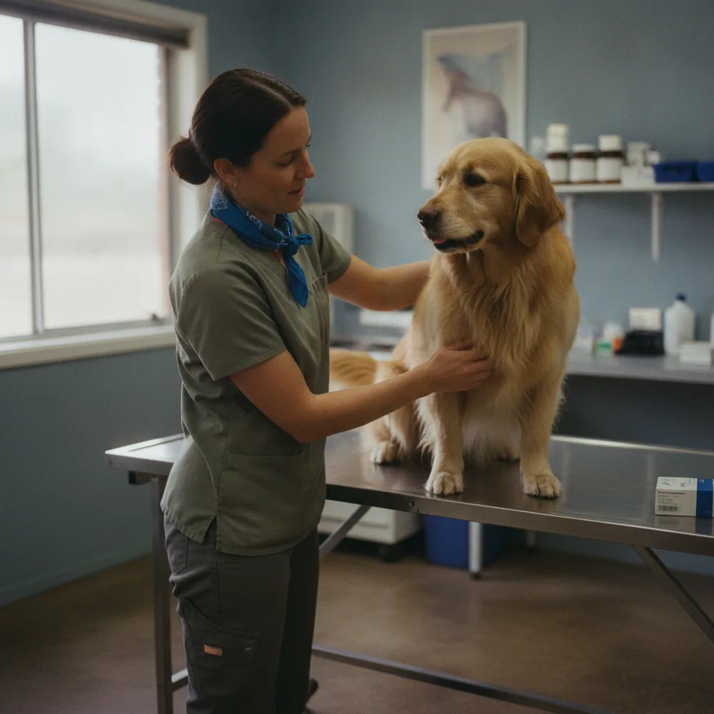 Veterinarian examining a dog in an Australian vet clinic, Pet & Vet cost calculators, Australia