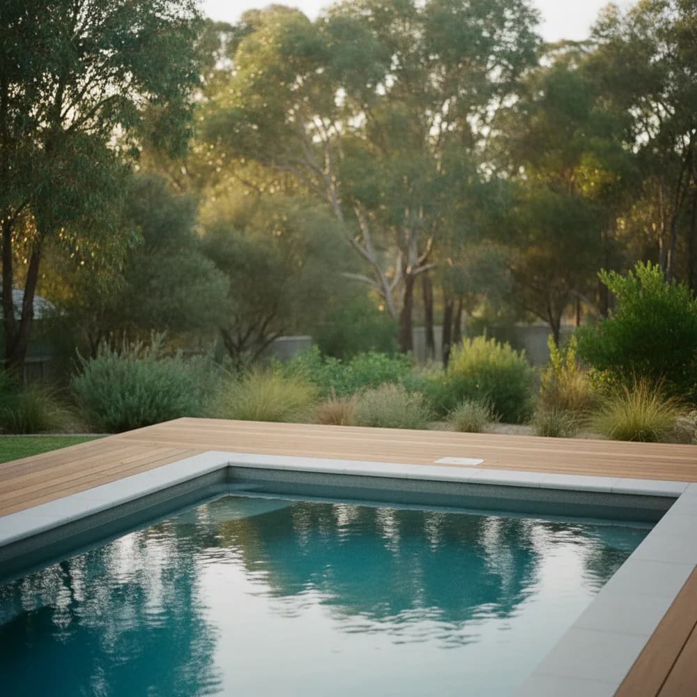 A newly built backyard pool with timber deck and native garden, Pools & Spas cost calculators, Australia