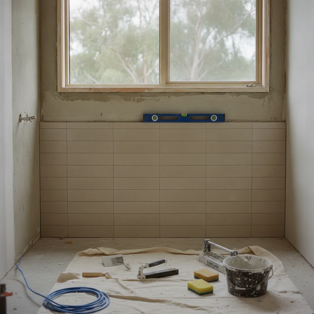Australian bathroom mid-renovation with tiles part-laid, Renovation cost calculators, Australia