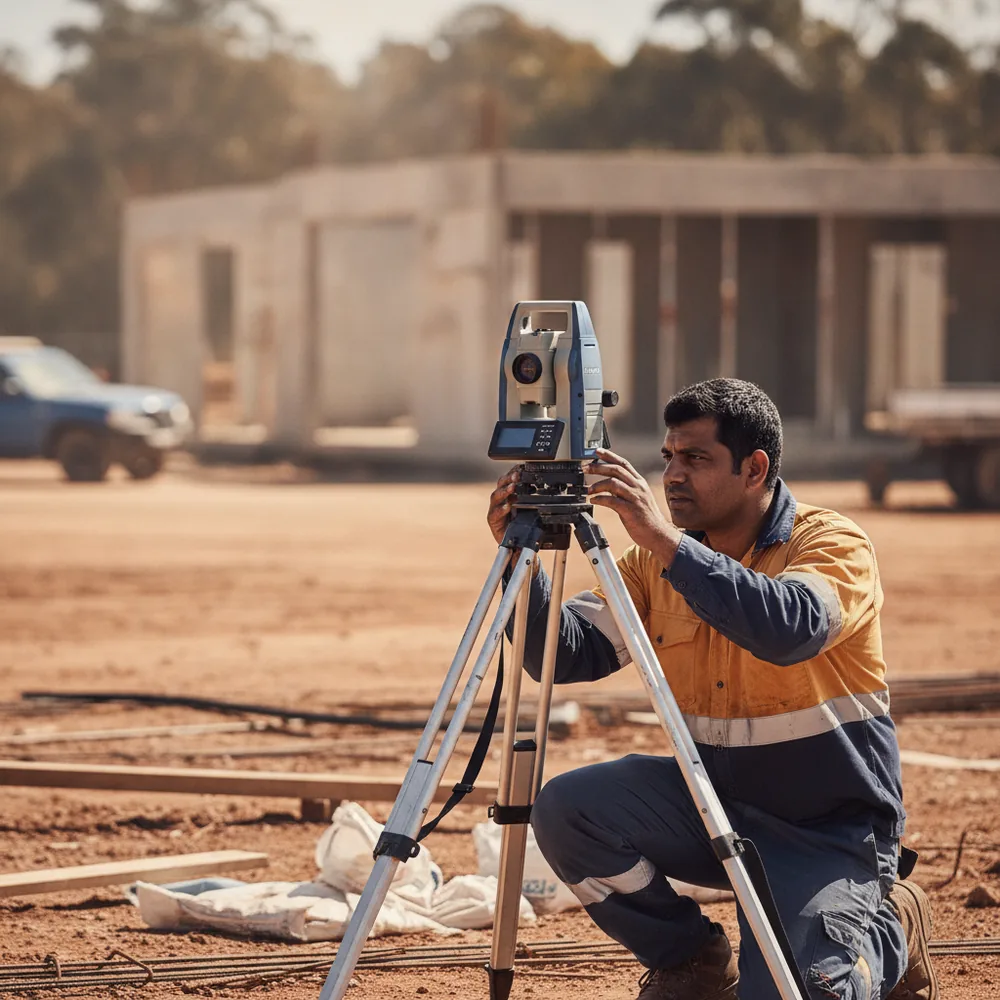 Land surveyor using a total station at an Australian building site — Surveying & Certification cost calculators, Australia