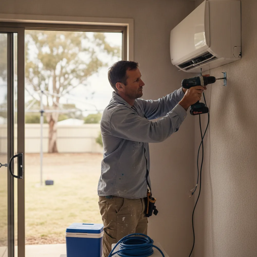 Tradesperson installing a split-system air conditioner in an Australian home — More Trades cost calculators, Australia
