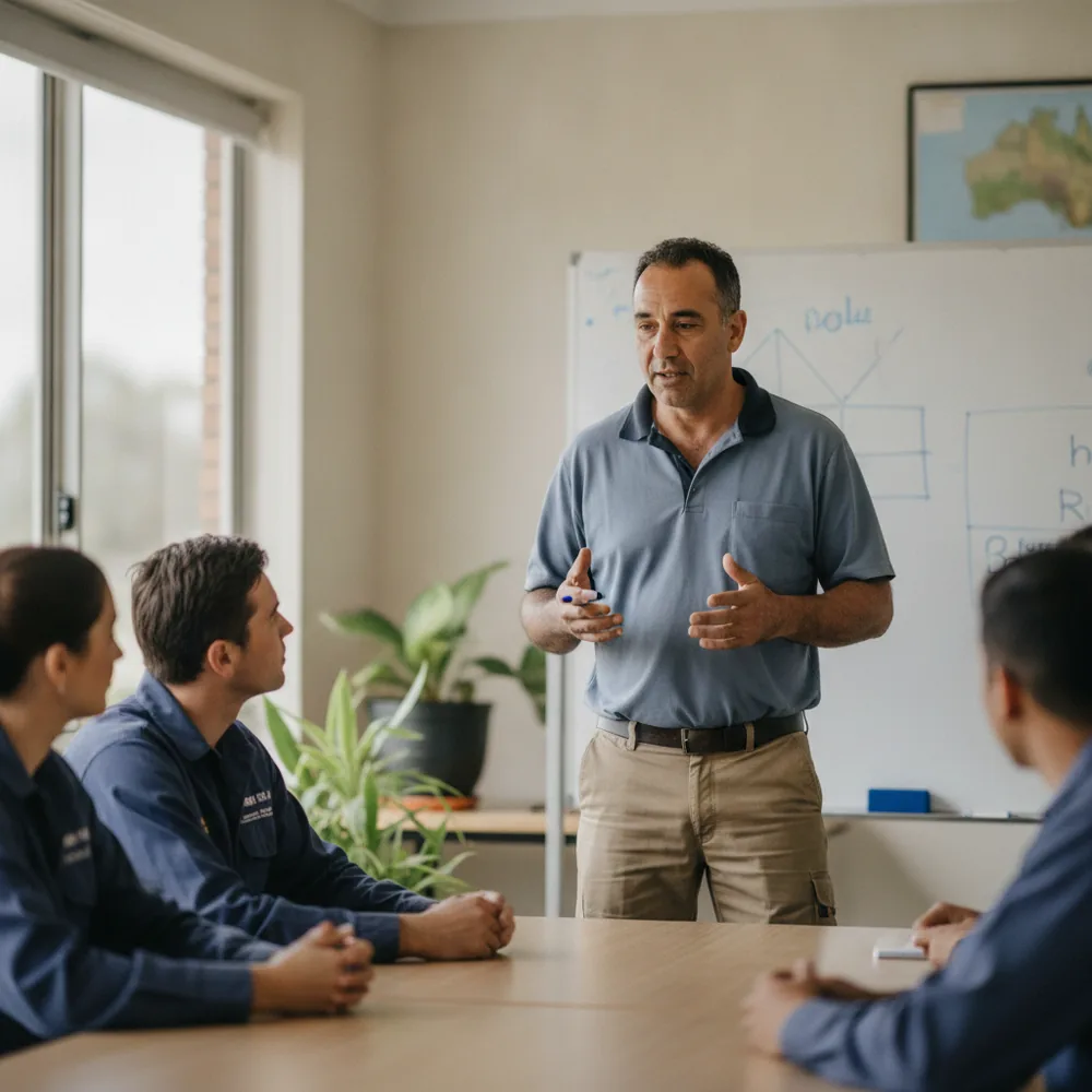 Instructor teaching a group in an Australian training room, Tickets & Training cost calculators, Australia