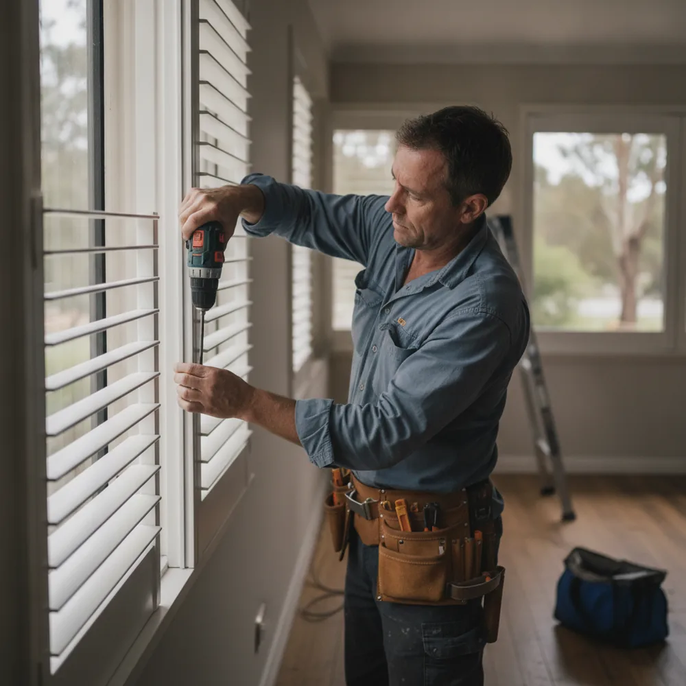 Installer fitting plantation shutters in an Australian home, Blinds & Shutters cost calculators, Australia