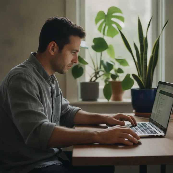 A business owner searching for their service at a laptop