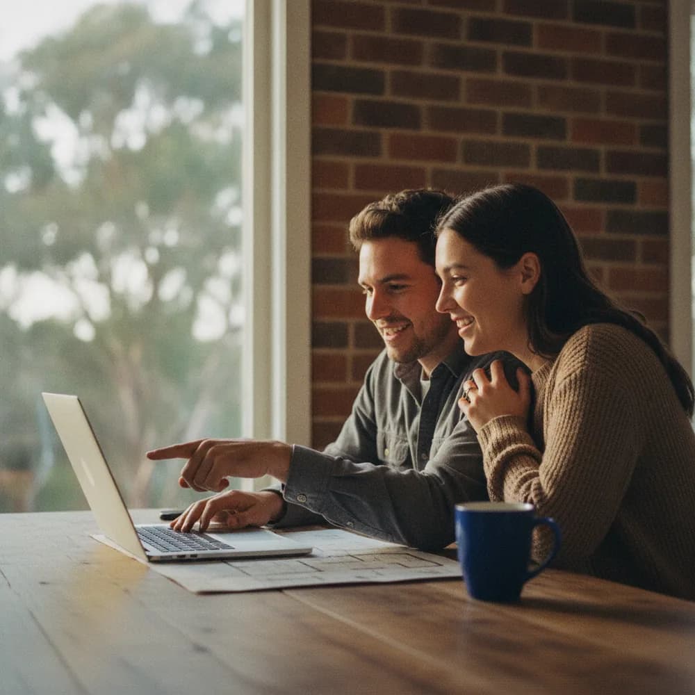 An Australian couple happily planning a home project on a laptop at the kitchen table